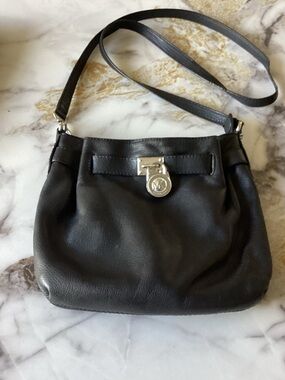 Michael Kors Black Leather Crossbody with Silver Logo Lock